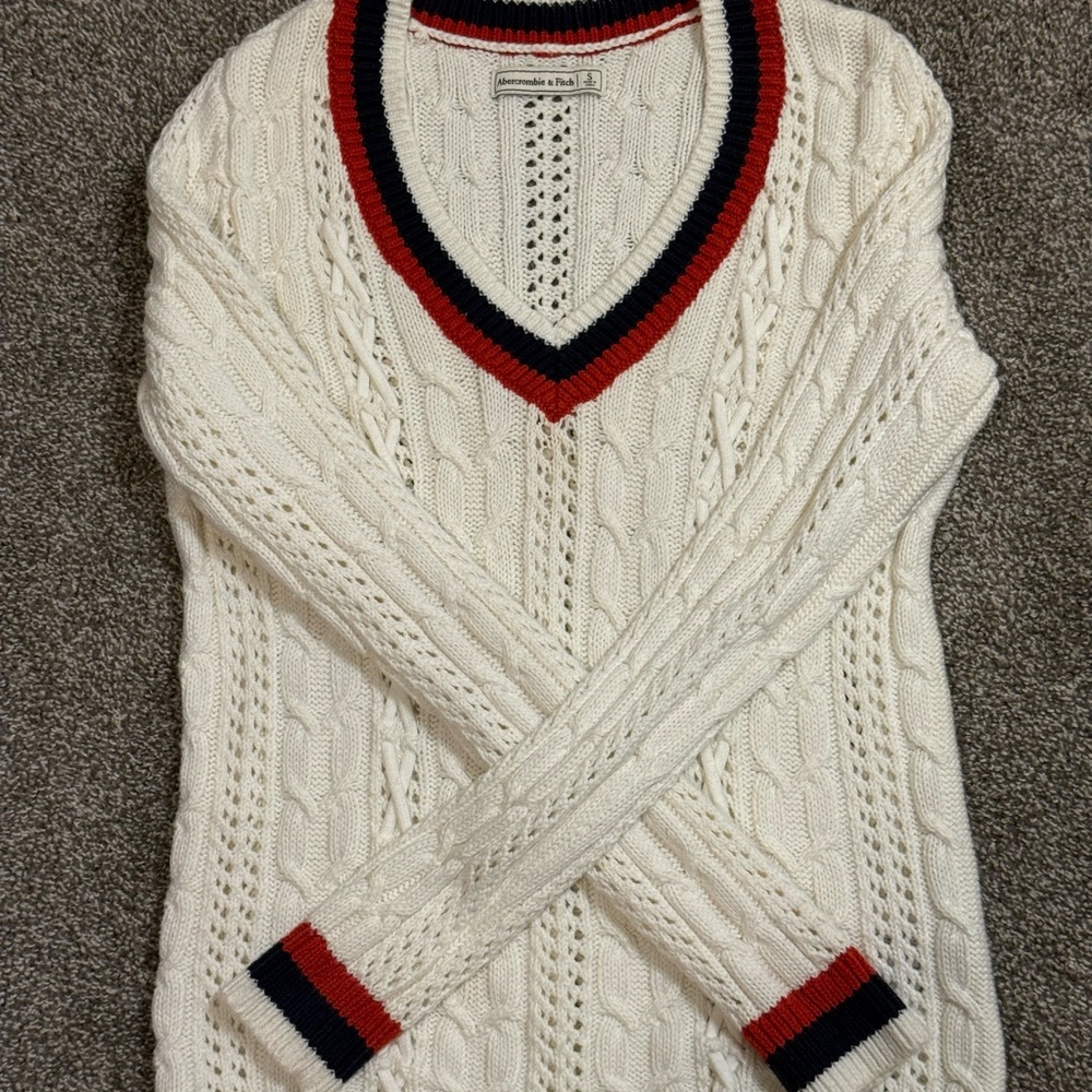 Abercrombie & Fitch Preppy Cable Knit Sweater with Stripe Details